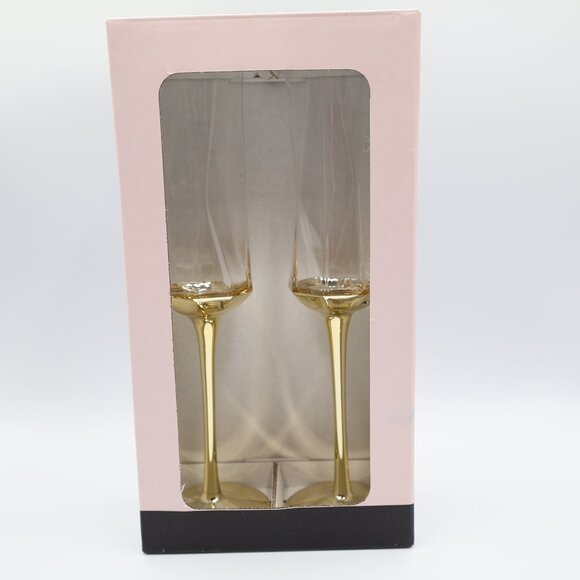 Rachel Zoe Geometric Gold Accent Champagne Flutes NIB Set of 2 - Picture 1 of 8